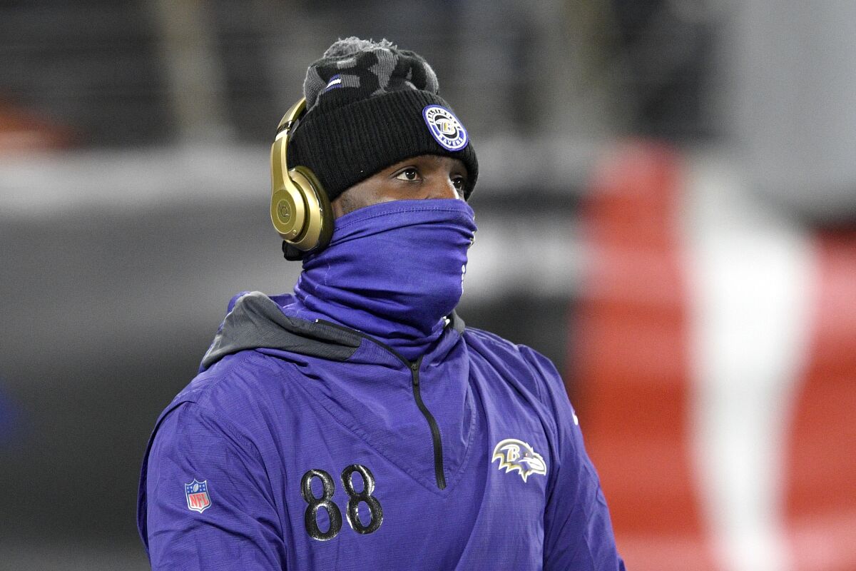 Baltimore Ravens wide receiver Dez Bryant works out prior to an NFL football game against the Dallas Cowboys, Tuesday, Dec. 8, 2020, in Baltimore. (AP Photo/Nick Wass)