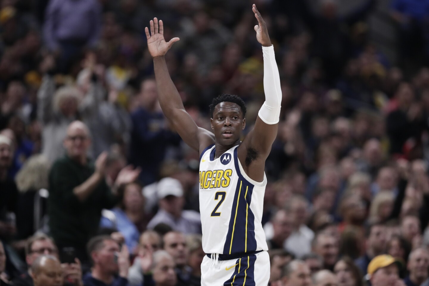 Indiana Pacers guard Darren Collison (2) celebrates during the first half of an NBA basketball game against the Los Angeles Lakers in Indianapolis, Tuesday, Feb. 5, 2019. (AP Photo/Michael Conroy)