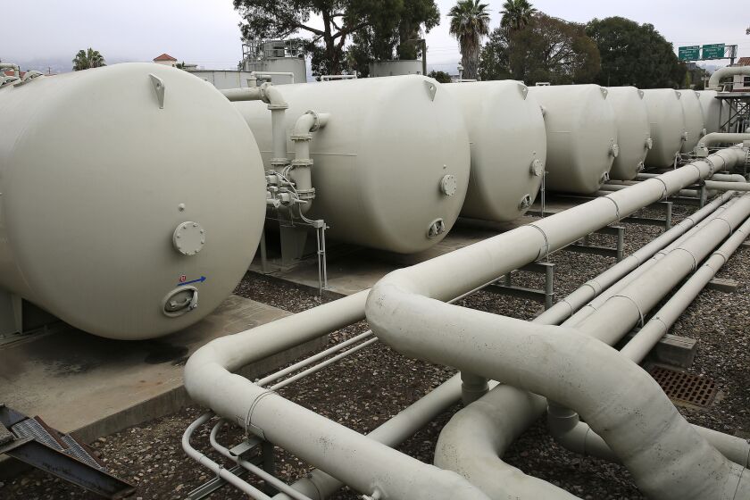 Filtration tanks at Santa Barbara's Charles E. Meyer Desalination Plant on Feb. 18.