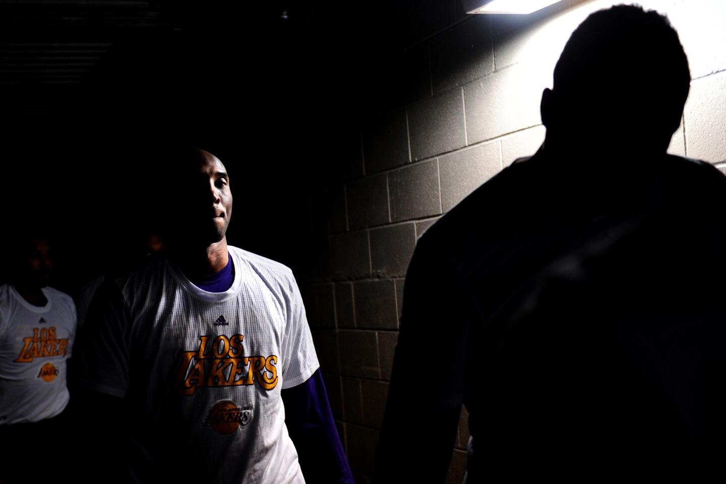 Lakers forward Kobe Bryant heads to the court for the last time in Denver before a game againstthe Nuggetson March 2, 2016.