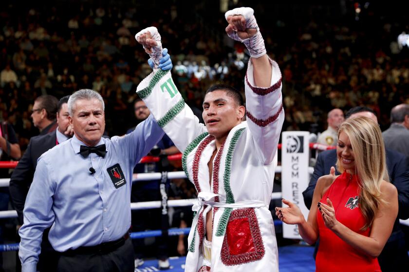 Vergil Ortiz Jr. celebrates his win against Mauricio Herrera in a welterweight boxing match Saturday, May 4, 2019, in Las Vegas. (AP Photo/John Locher)