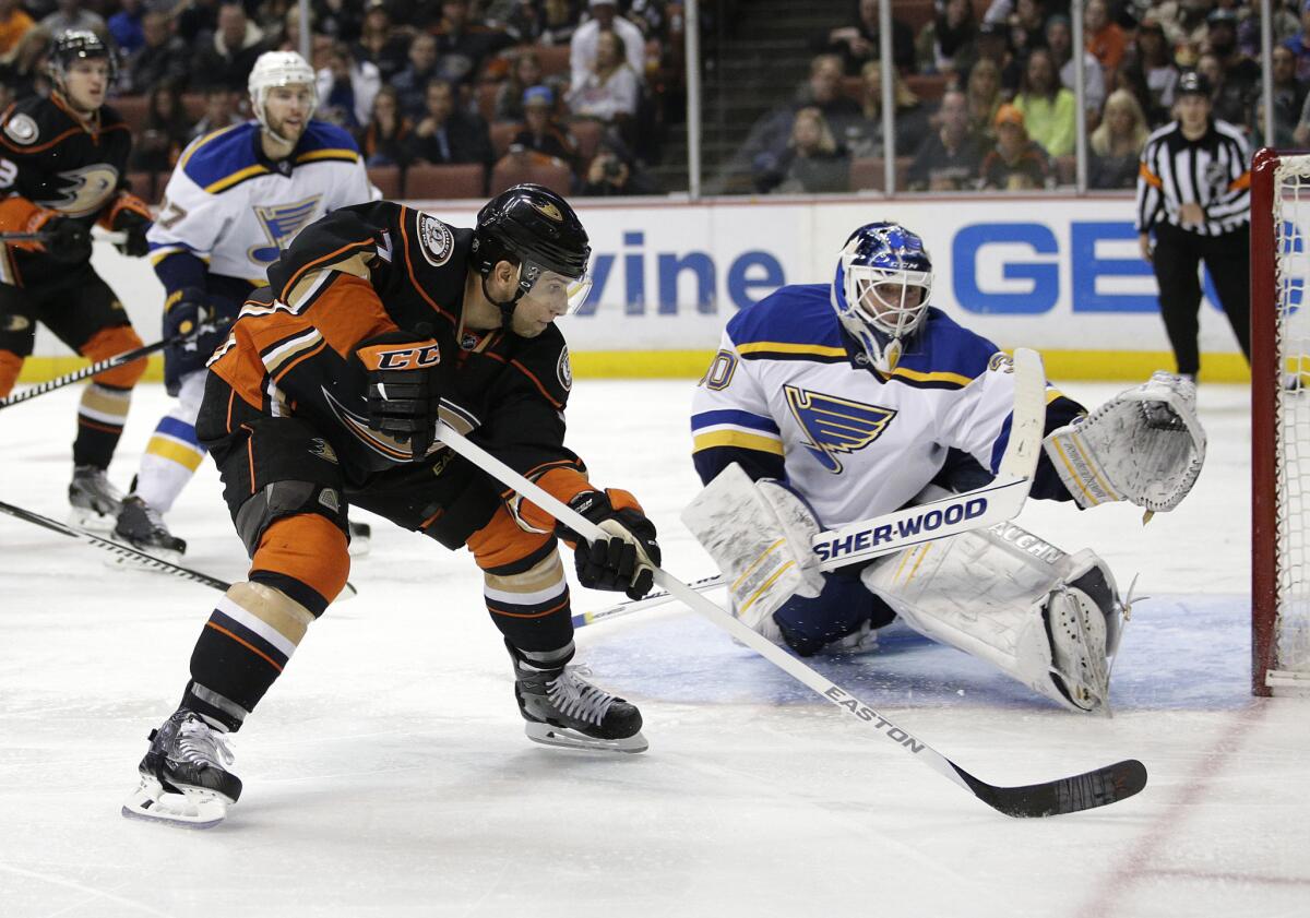Andrew Cogliano's second-period goal against Blues goalie Martin Brodeur gave the Ducks a 3-2 lead over St. Louis. Anaheim would go on to beat the visitors, 4-3.