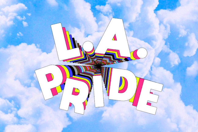 Gif animation of L.A. Pride lettering with cloud background