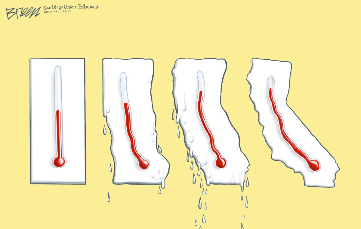 In this Breen cartoon, a thermometer melts and transforms into an outline of California