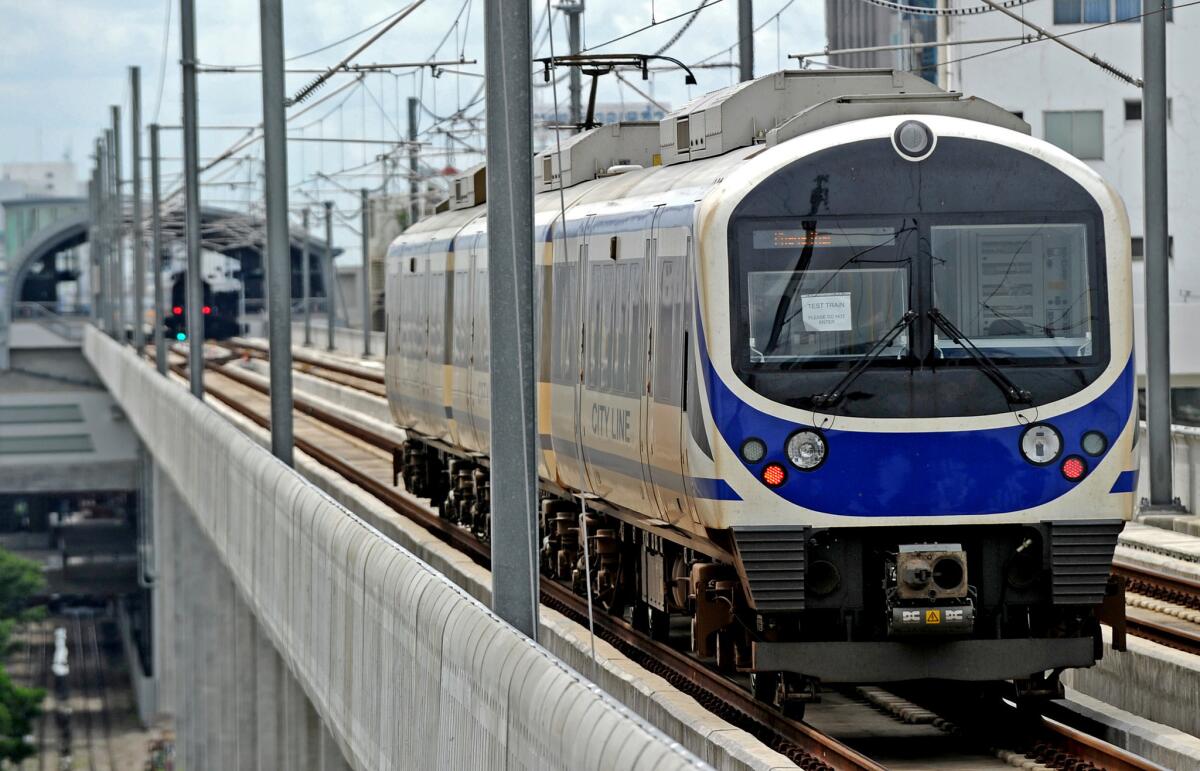 An elevated train runs on the line linking Bangkok's city center to Suvarnabhumi airport.