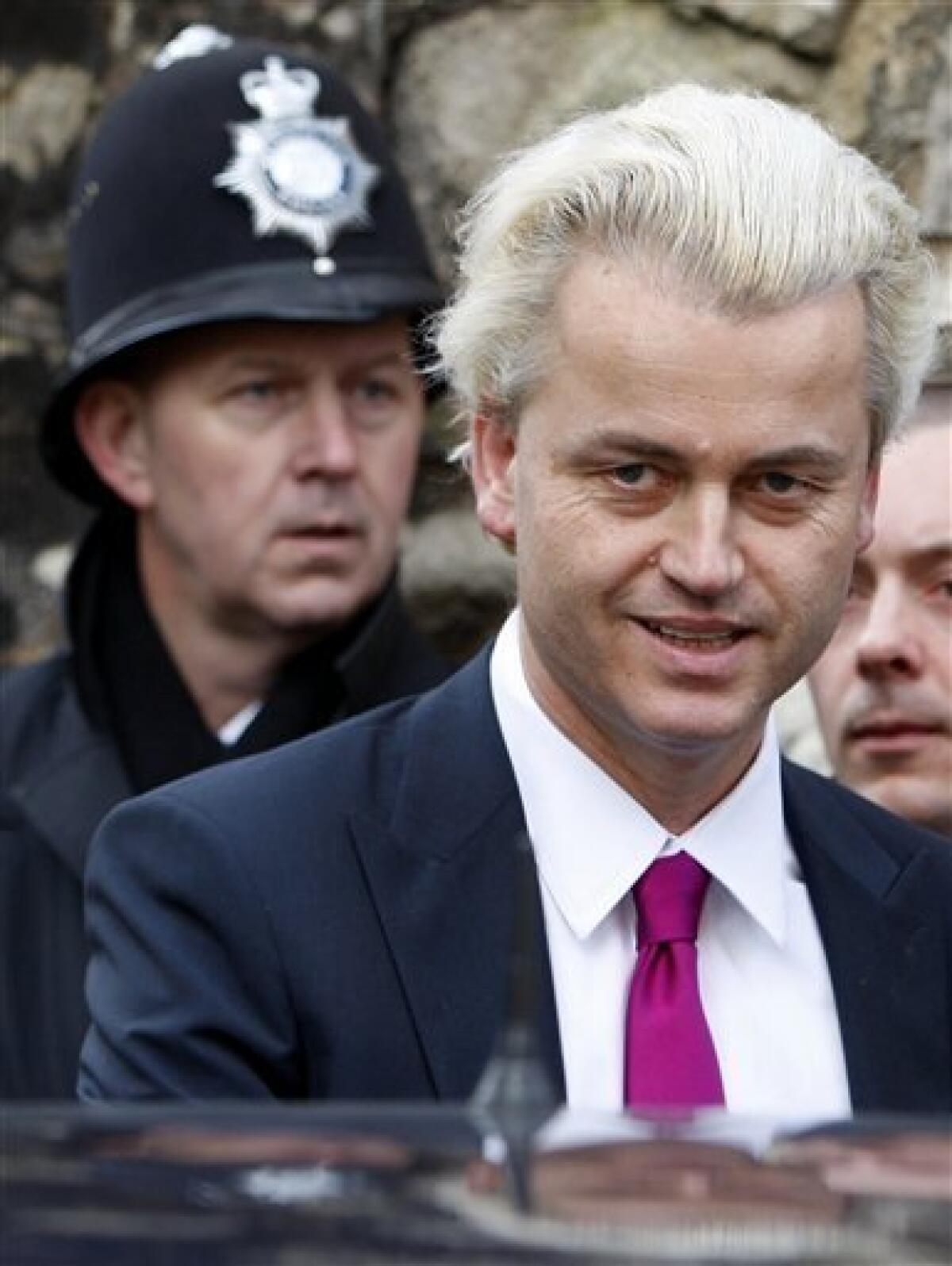 Controversial Dutch politician Geert Wilders leaves a press conference in London, Friday, March 5, 2010. (AP Photo/Kirsty Wigglesworth)