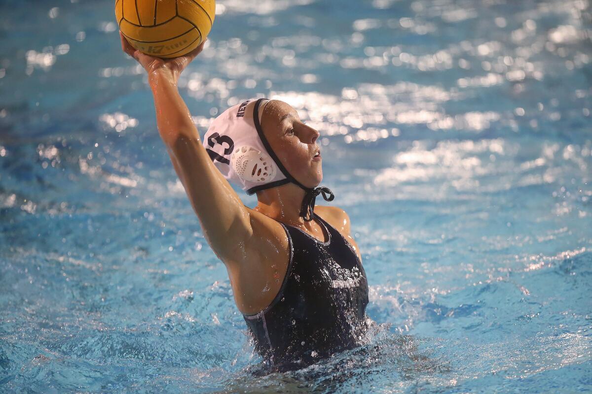 Newport Harbor's Lily Gess scores a goal during the Battle of the Bay match at Corona del Mar on Thursday.