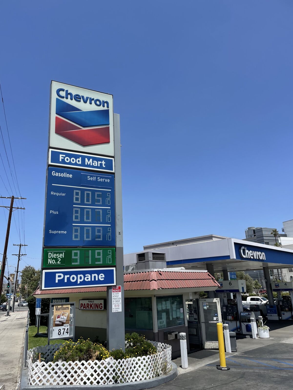 Advertisement for above $8 a gallon at Chevron gas station in downtown Los Angeles.