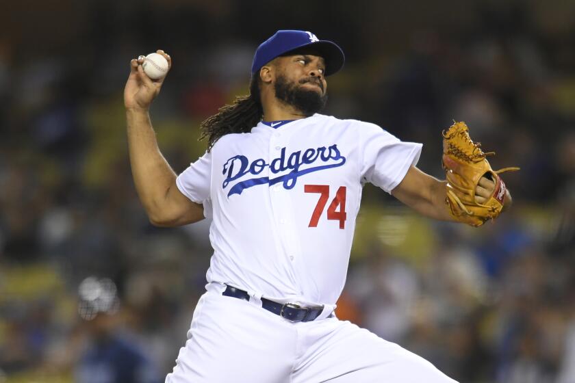 LOS ANGELES, CA - SEPTEMBER 18: Kenley Jansen #74 of the Los Angeles Dodgers gives up two runs in the ninth inning against the Tampa Bay Rays sending the game into extra innings at Dodger Stadium on September 18, 2019 in Los Angeles, California. (Photo by John McCoy/Getty Images)