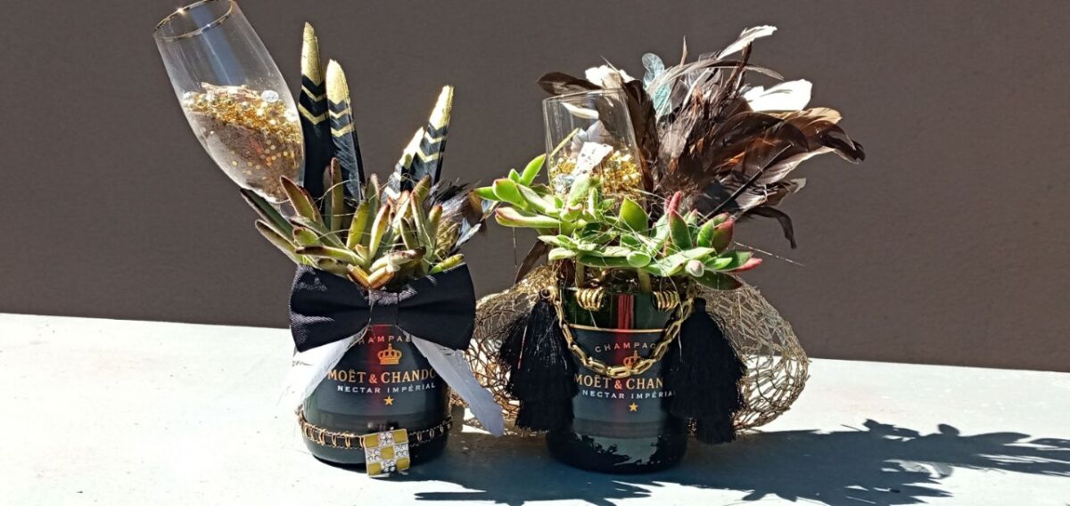 Custom succulent arrangement requests like these plants repotted into Moet & Chandon champagne bottles.
