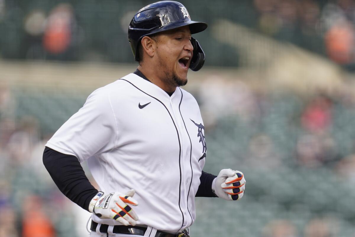 Detroit Tigers' Miguel Cabrera reacts hitting a one-run single against the Minnesota Twins in the seventh inning of a baseball game in Detroit, Saturday, May 8, 2021. (AP Photo/Paul Sancya)