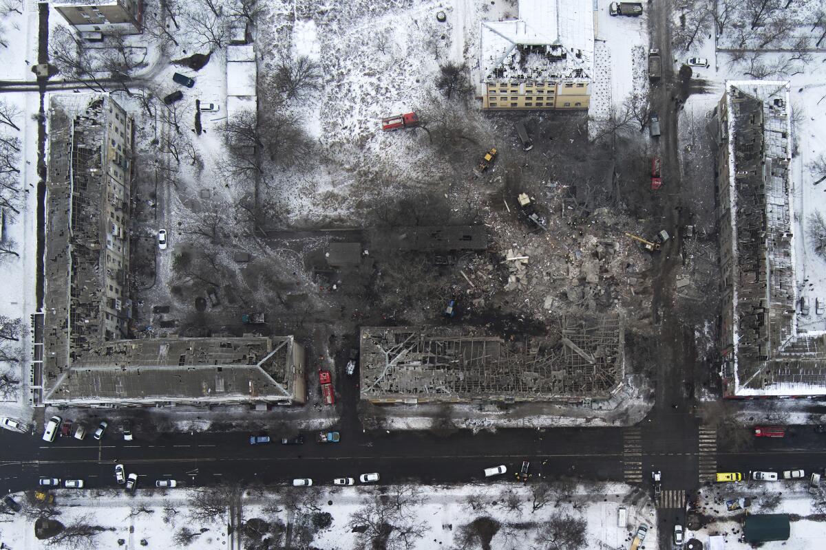 An aerial view of apartment buildings hit by Russian rockets in Kramatorsk on Thursday.