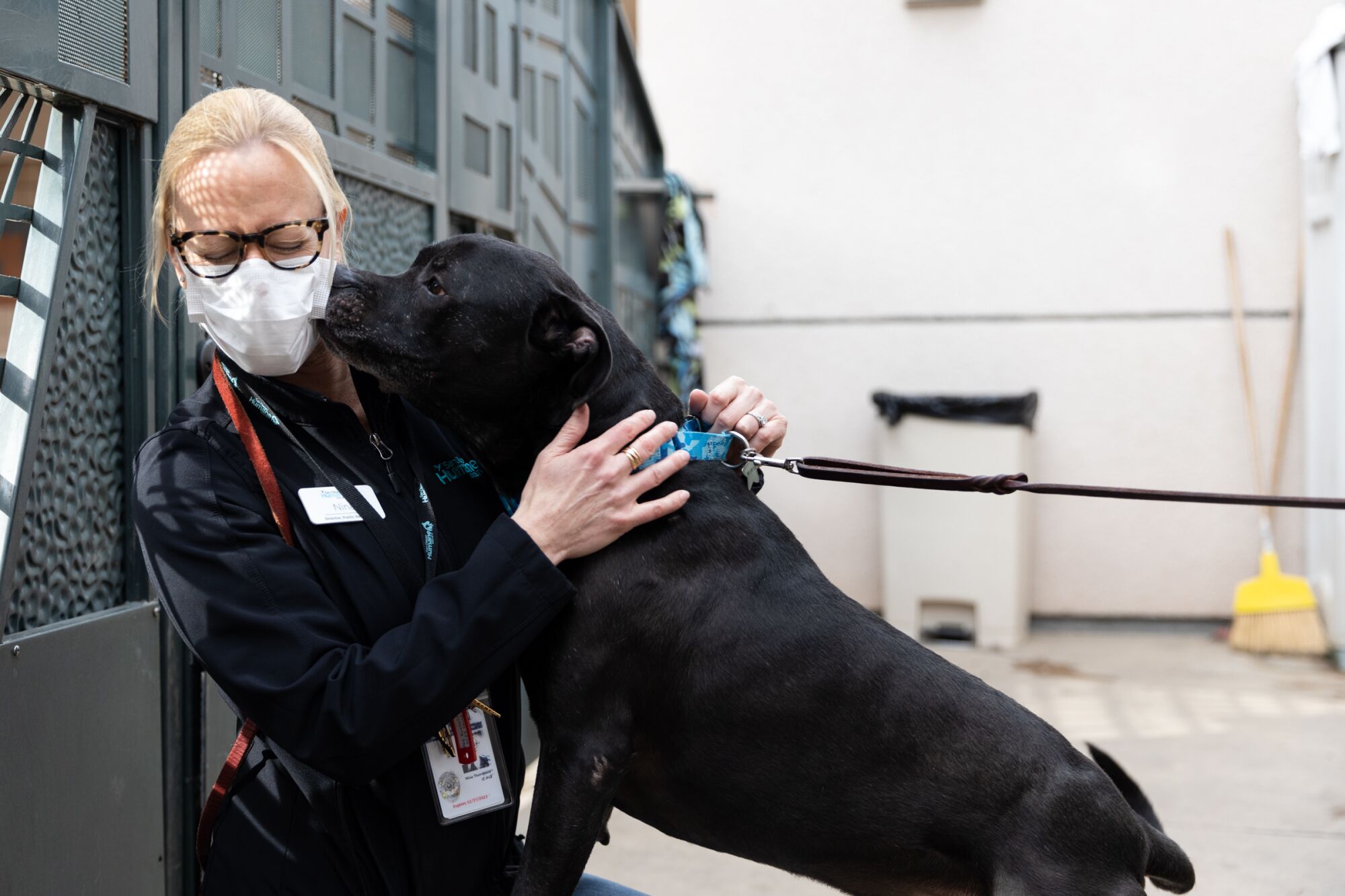 Public Relations Director Nina Thompson hooks up with Zeus, the Pitbull mix, at the San Diego Human Society.