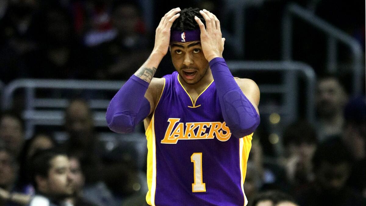 Lakers point guard D'Angelo Russell reacts to a play during the first half of the game against the Clippers on Jan. 14.