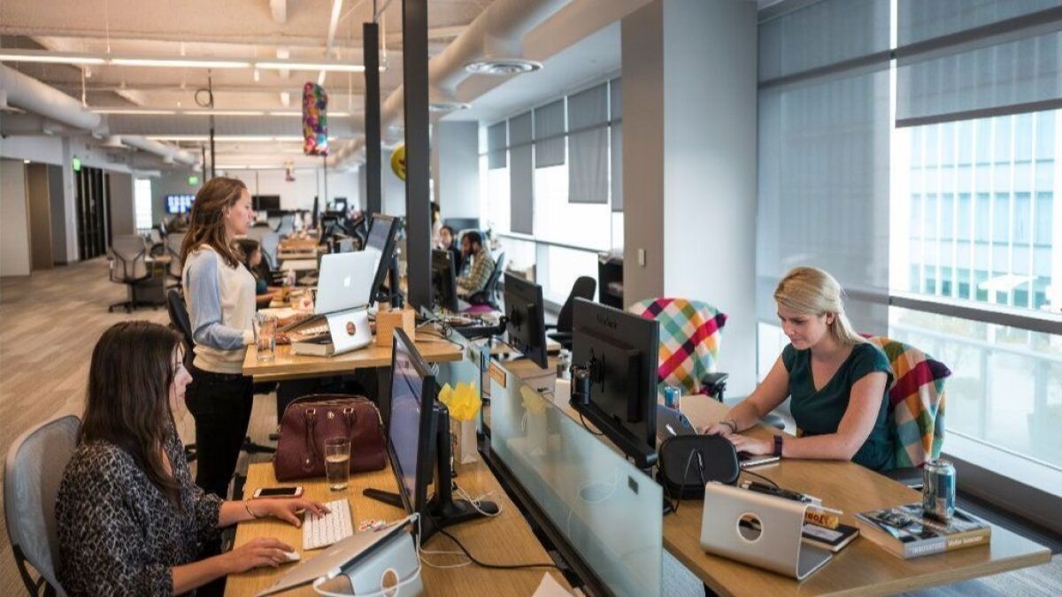Employees work at Slack's San Francisco offices in 2015.
