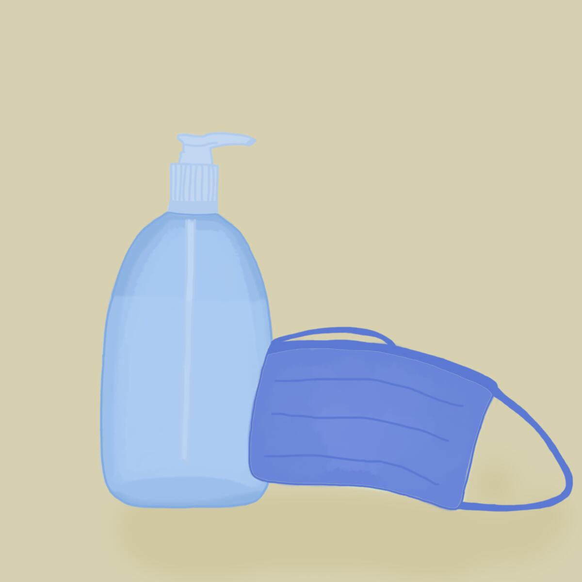 Illustration of a bottle of hand sanitizer and a face mask.
