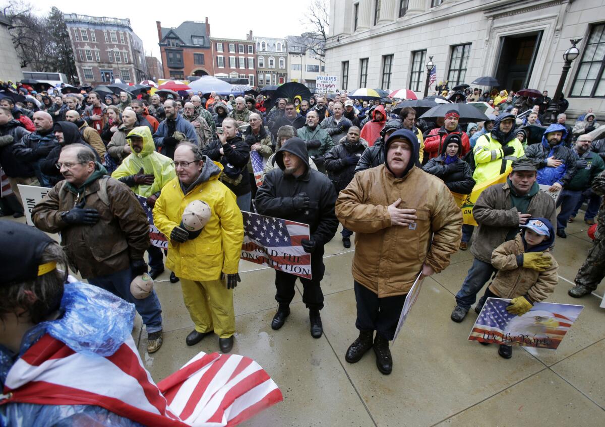 A large gathering says the Pledge Of Allegiance in Trenton, N.J., at a rally outside the New Jersey Statehouse last year. An atheist family in the state is challenging a state law requiring the pledge be recited in schools because of its inclusion of the phrase "under God."