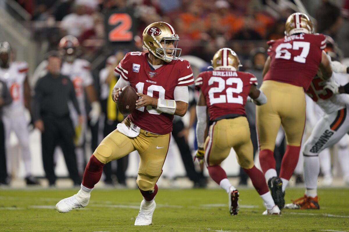 San Francisco 49ers quarterback Jimmy Garoppolo looks to pass during a game against the Cleveland Browns on Oct. 7.