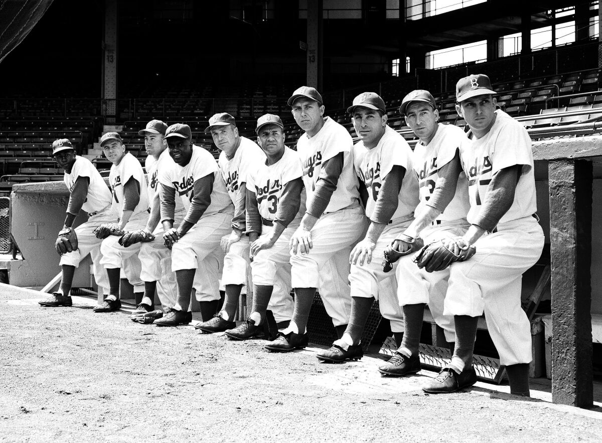 Brooklyn Dodgers players after a workout at Ebbets Field in New York in 1954.