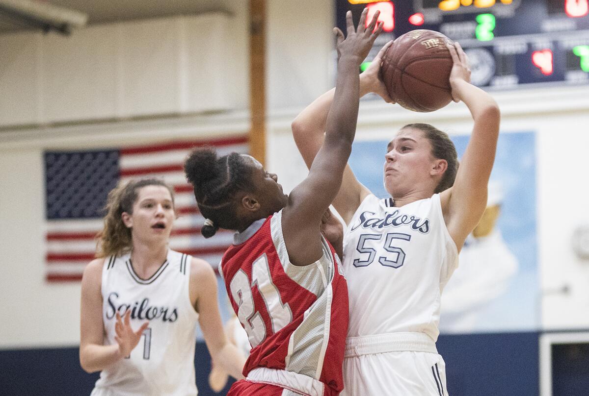 Newport Harbor's Emma Fults, shown in action against Savanna on Tuesday, had a double-double with 10 points and 10 rebounds in the Sailors' win over Ocean View on Saturday.