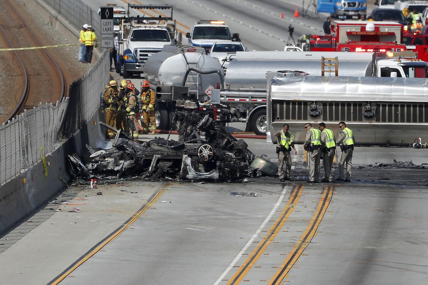 Two dead in fiery tanker truck crash on 105 Freeway