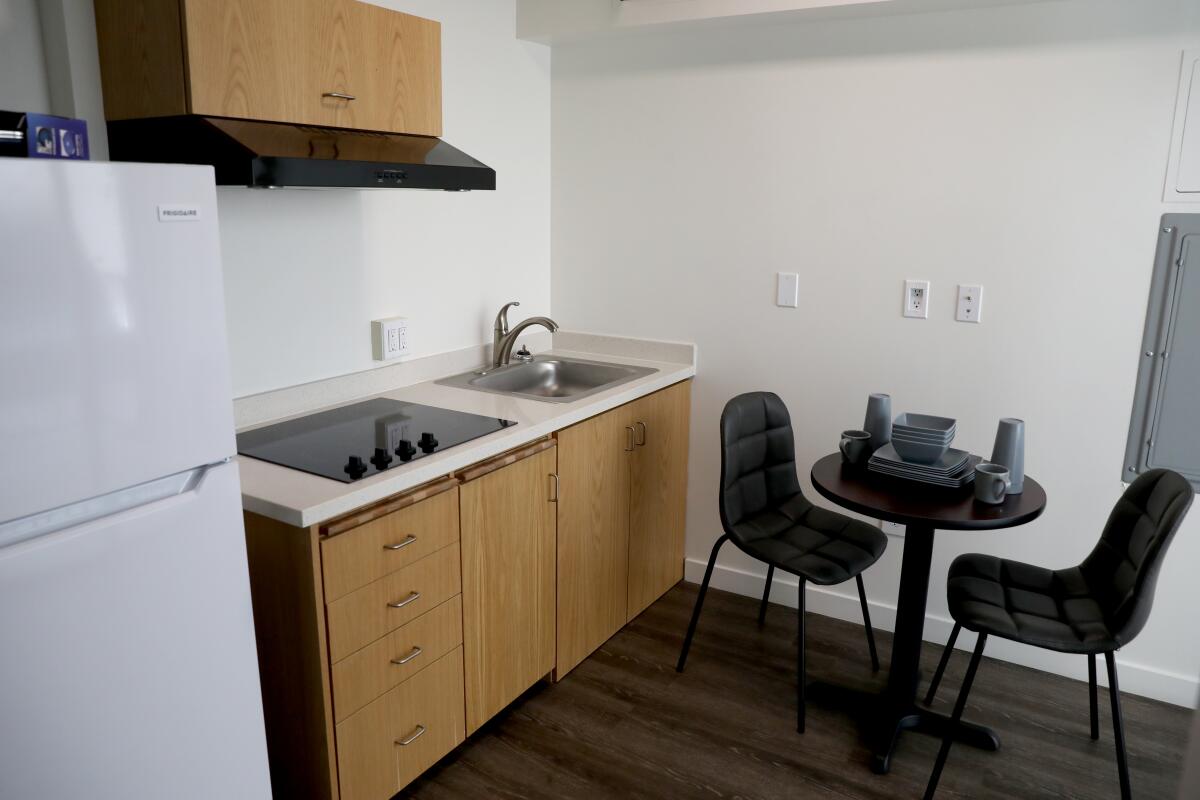 A view of the kitchen area inside the Dolores Huerta Apartments.