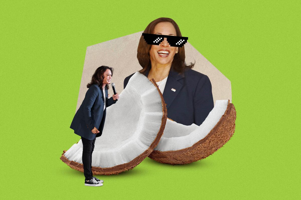 An illustration of 2 photos of Kamala Harris, standing by a broken coconut and emerging from behind in pixelated sunglasses