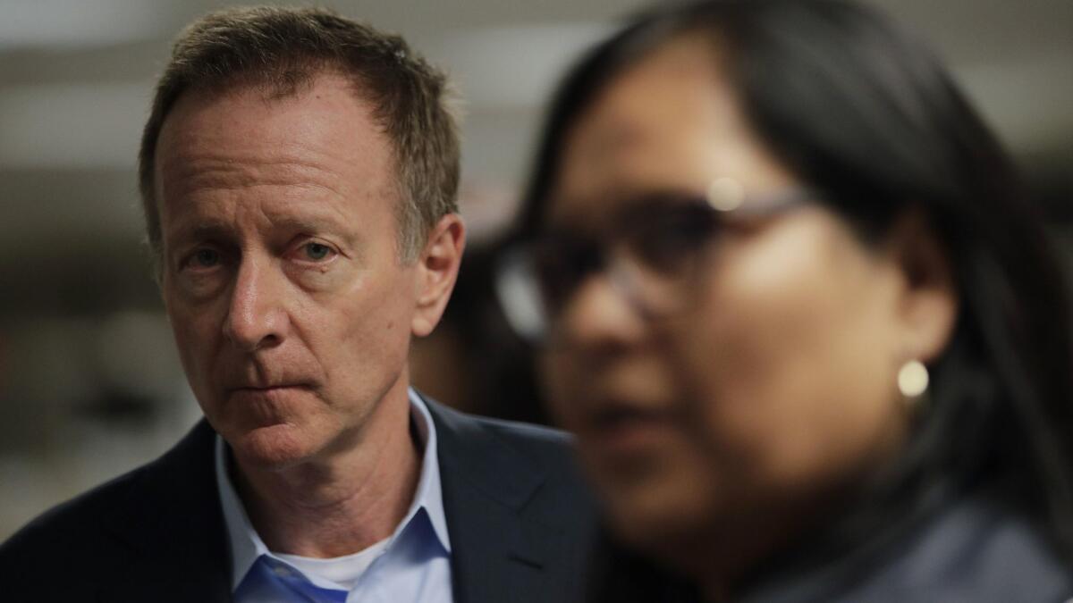 L.A. schools Supt. Austin Beutner, left, and school board President Mónica García on Tuesday called for striking teachers to return to the bargaining table.