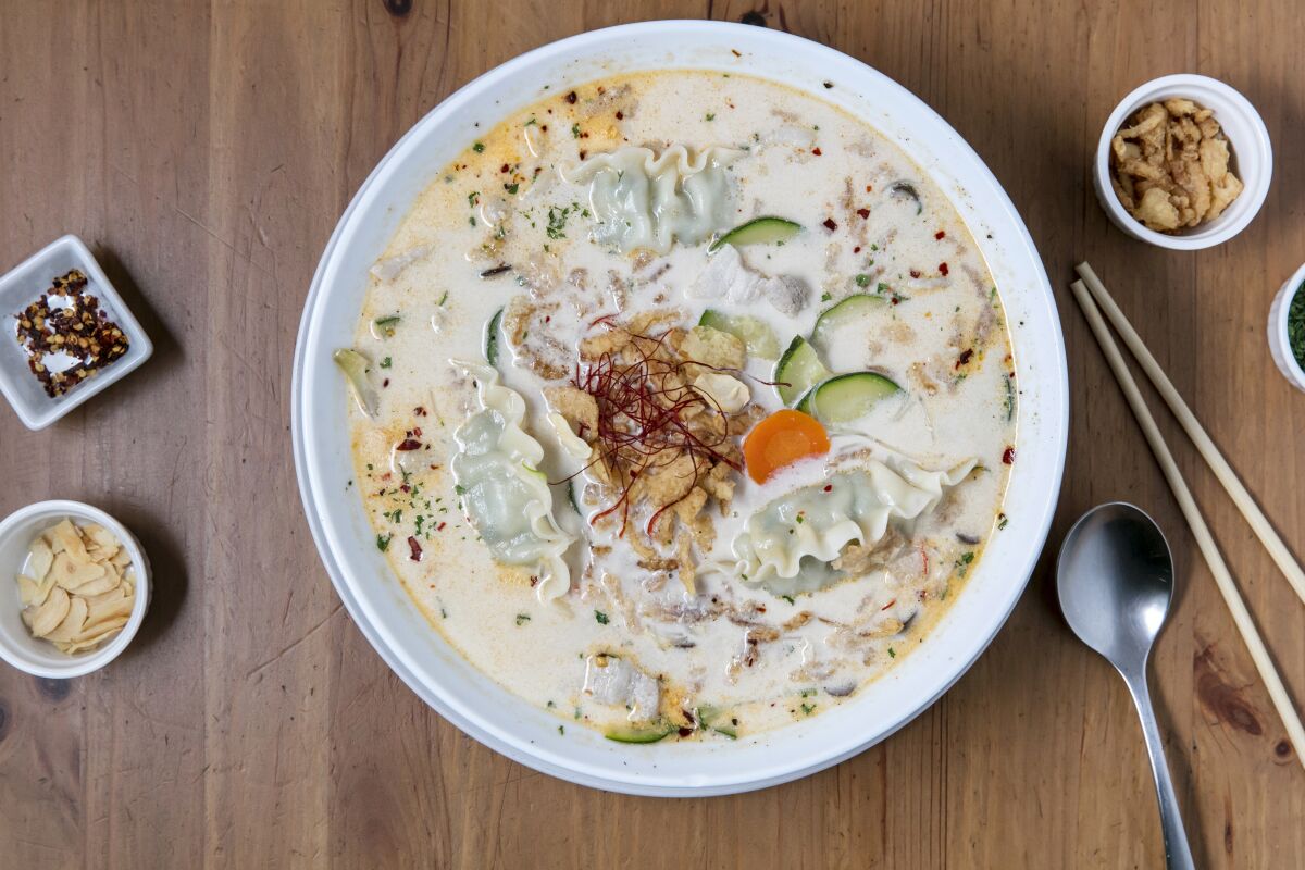 Spoon by H’s signature pork belly and dumpling soup, from Yoonjin Hwang’s sunlit Beverly Boulevard cafe.