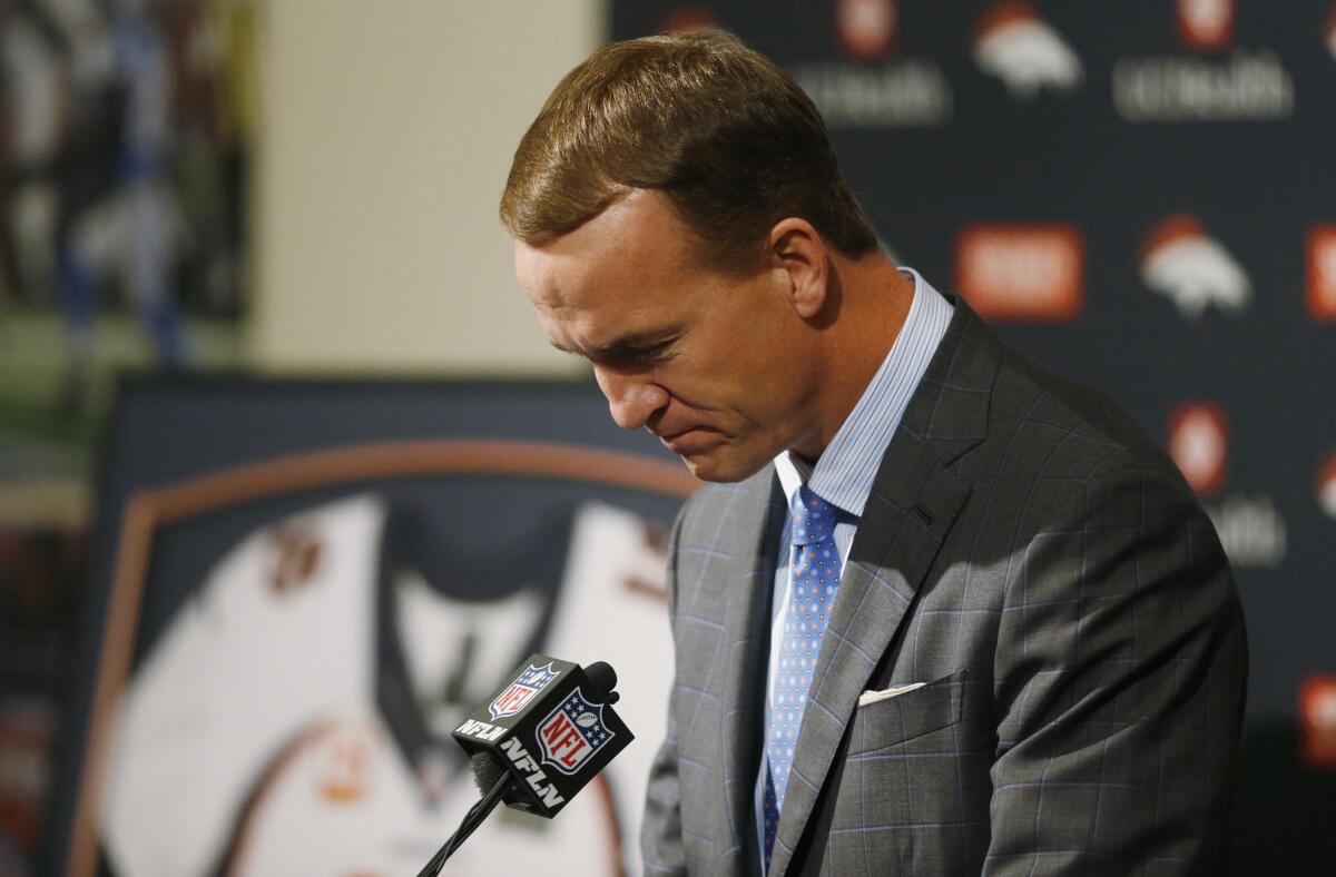 Denver Broncos quarterback Peyton Manning struggles to talk Monday during his retirement announcement at team headquarters.