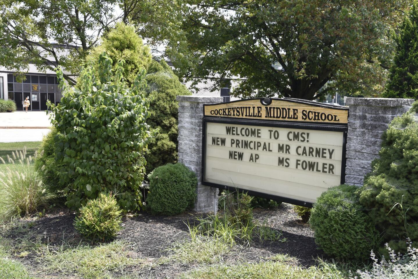 A sign outside Cockeysville Middle School welcomed new principal Adam Carney.