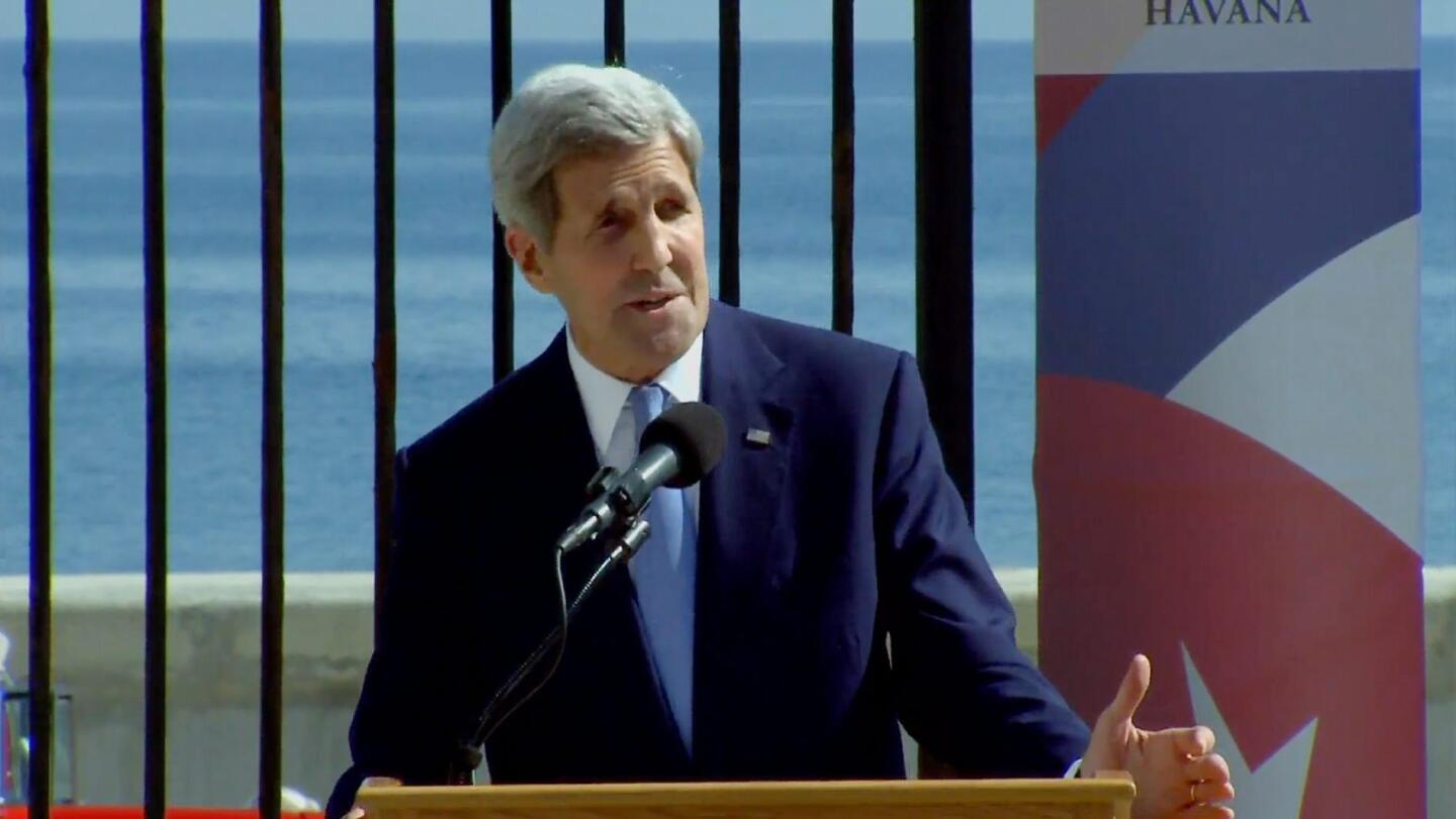 epa04883457 A screen grab from a video feed provided by the US Department of State shows US Secretary of State John Kerry speaking during the flag-raising ceremony at the reinaugurated US embassy in Havana, Cuba, 14 August 2015. The embassy was closed in 1961 when the Eisenhower administration severed diplomatic ties with the Cuban government. The new US embassy will be in the same building that housed the mission when the stars-and-stripes were last lowered 54 years ago - overlooking the iconic Malecon seaside esplanade. Cuba formally opened its embassy in Washington in July 2015, as Washington and Havana take another step in repairing their long-fractured ties. EPA/US DEPARTMENT OF STATE/HANDOUT BEST QUALITY AVAILABLE. HANDOUT EDITORIAL USE ONLY/NO SALES ** Usable by LA, CT and MoD ONLY **