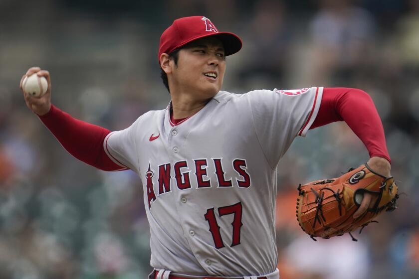 Los Angeles Angels pitcher Shohei Ohtani throws against the Detroit Tigers.