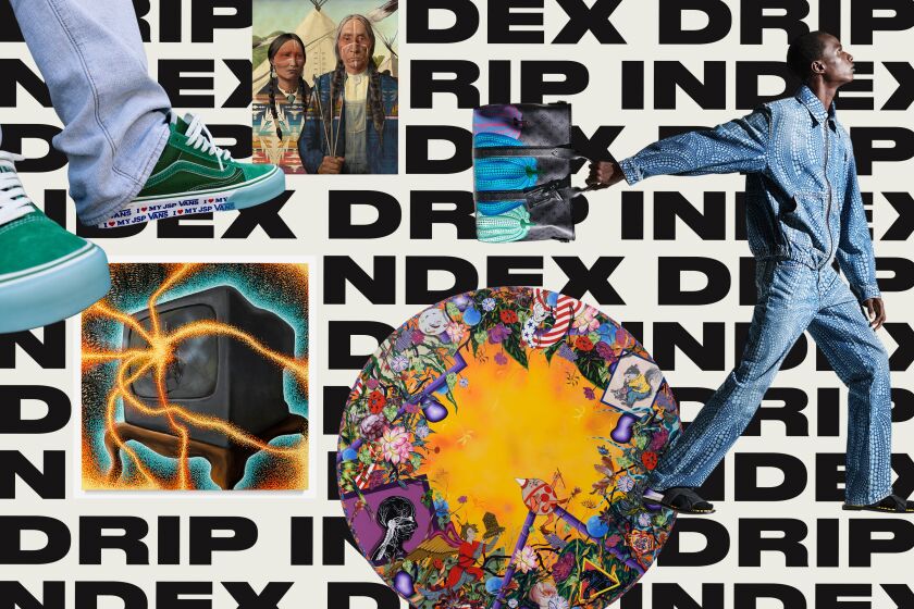 various artwork and fashion imagery over the words "Drip Index" repeated in the background