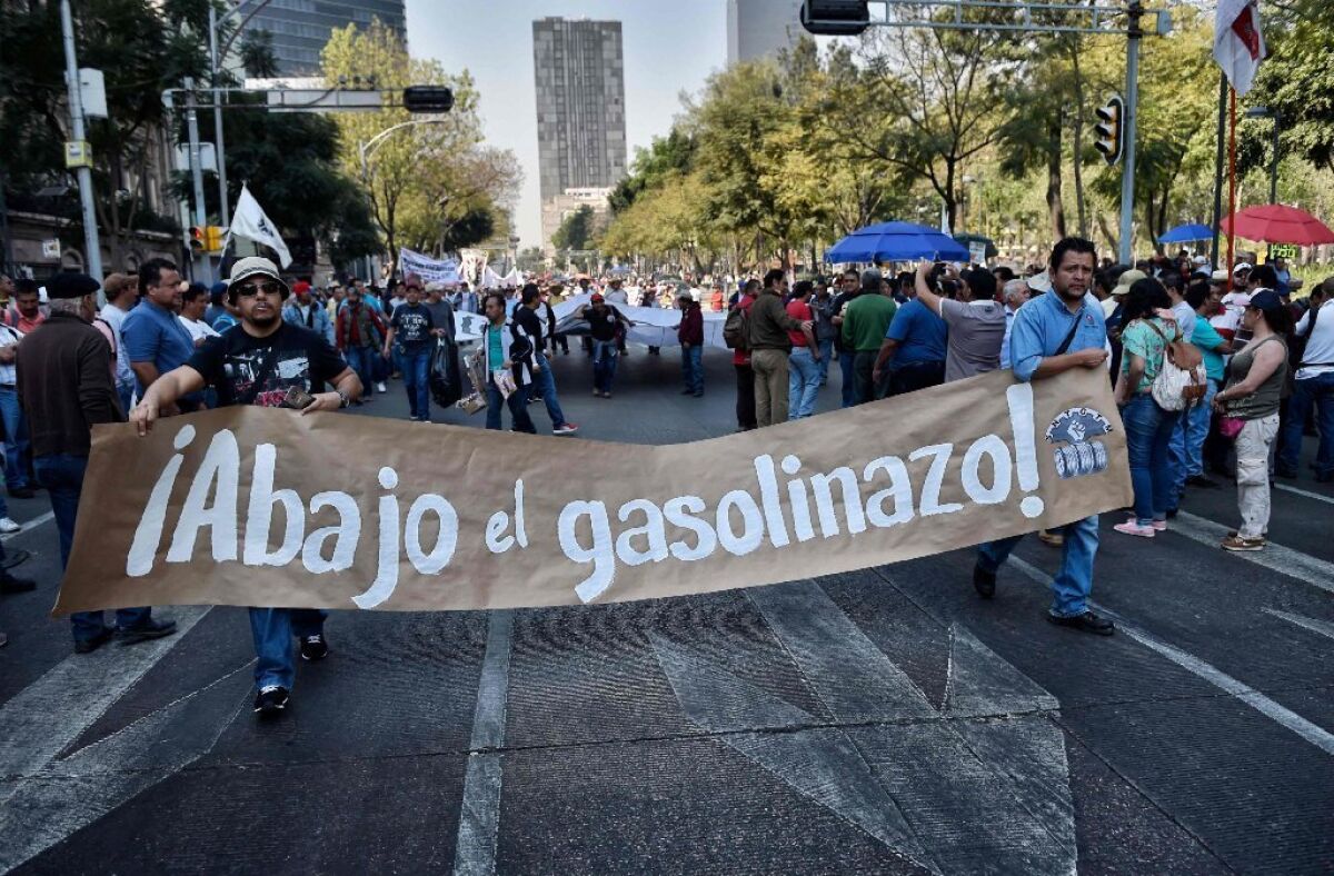 Members of the Mexican Union of Electricians and others protest against the fuel price hikes in Mexico City on Jan. 26.