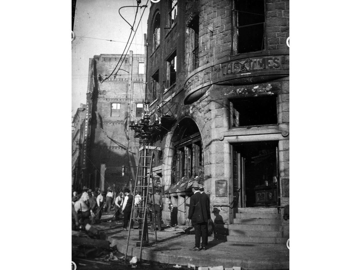 Oct. 3, 1910: Main entrance of destroyed Times building at First and Broadway.