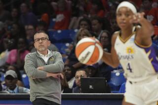 Los Angeles Sparks head coach Curt Miller looks on during the second half of a WNBA basketball basketball game against the Dallas Wings in Arlington, Texas, Wednesday, June 14, 2023. (AP Photo/LM Otero)
