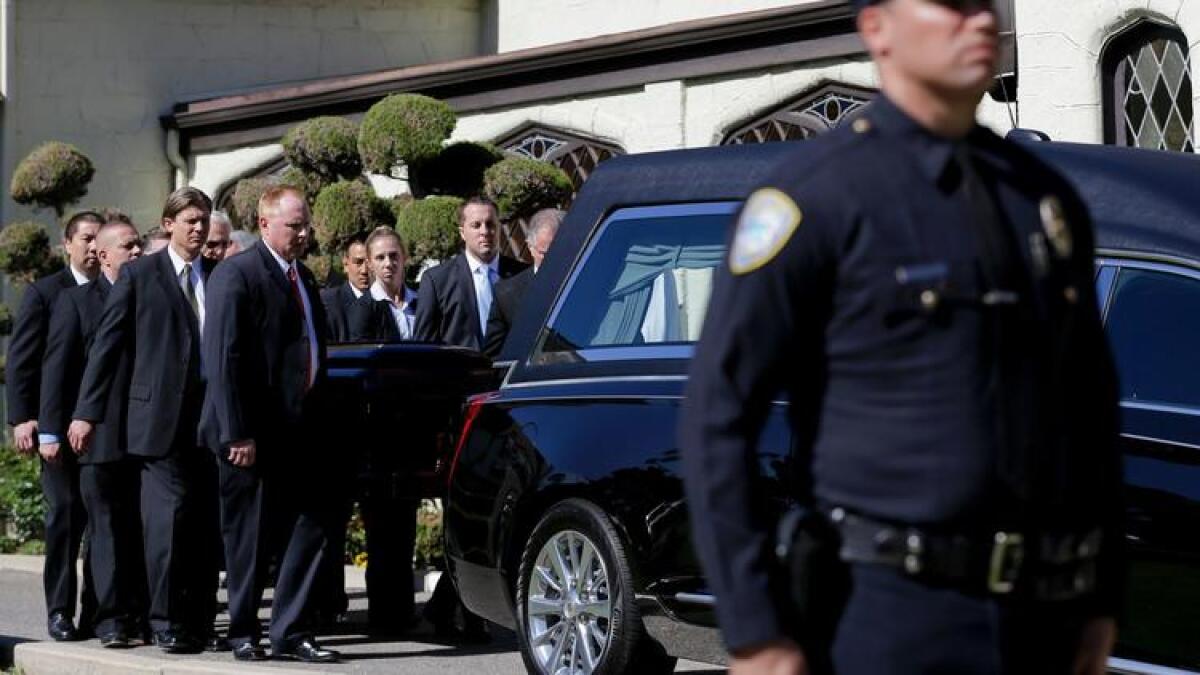 The casket carrying former First Lady Nancy Reagan leaves a mortuary in Santa Monica after a small ceremony en route to the Reagan Presidential LIbrary in Simi Valley on March 9, 2016.