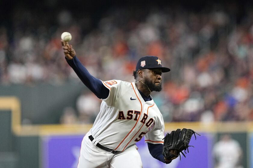 Houston Astros starting pitcher Cristian Javier throws against the Tampa Bay Rays during the first inning of a baseball game Saturday, Oct. 1, 2022, in Houston. (AP Photo/David J. Phillip)