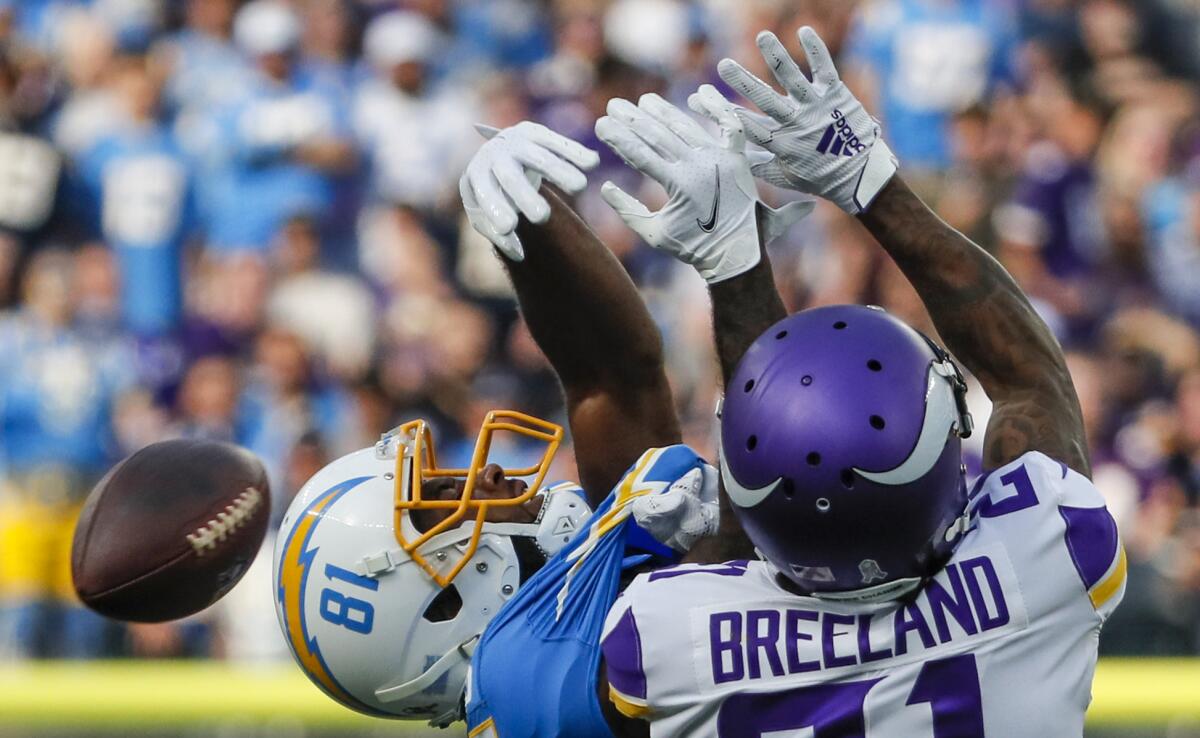 Chargers' Mike Williams was unable to catch this pass, but Vikings cornerback Bashaud Breeland was called for interference.