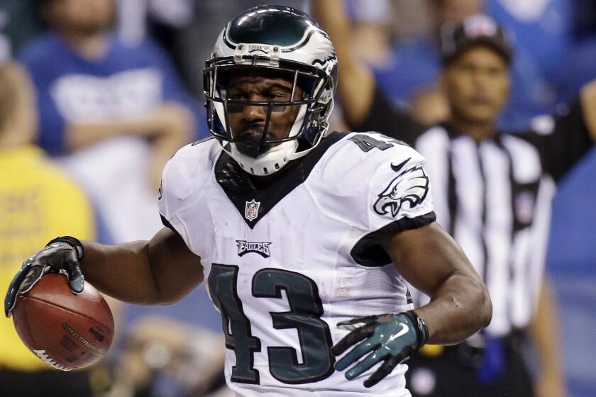 Philadelphia Eagles running back Darren Sproles celebrates after scoring on a 19-yard run during the second half of a 30-27 win over the Indianapolis Colts on Monday.
