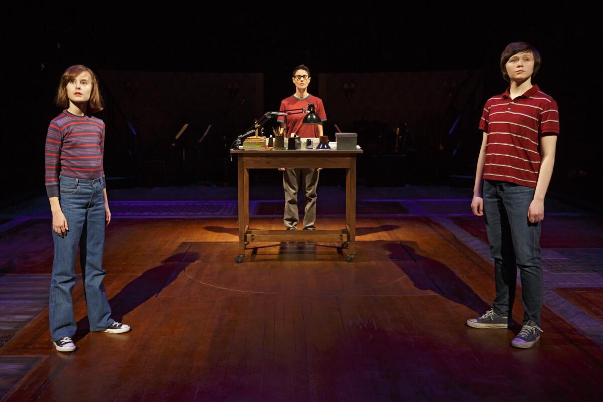 FILE - This photo provided by O&M Co shows Sydney Lucas as Small Alison, Beth Malone as Alison, and Emily Skeggs as Medium Alison in "Fun Home" at Circle in the Square Theatre in New York. The musicals "An American in Paris" and "Fun Home" each received a leading 12 Tony Award nominations on Tuesday, April 28, 2015, showing two very different sides of this Broadway season. The Tonys will be handed out at Radio City Music Hall on June 7. (Joan Marcus via AP)