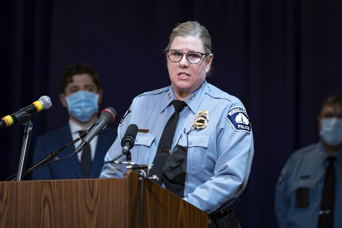 FILE - Minneapolis Deputy Chief Amelia Huffman, Thursday, Dec. 16, 2021, at Shiloh Temple in Minneapolis. The fatal shooting of a 22-year-old Black man by police in Minneapolis is turning up the heat on the city's police chief. Amelia Huffman was elevated to the top job on an interim basis just weeks before Amir Locke was slain by officers serving a search warrant. (Glen Stubbe/Star Tribune via AP, File)