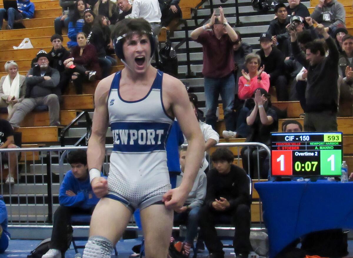 Newport Harbor's Anthony Manno reacts to a win in double overtime of the 150-pound title bout.