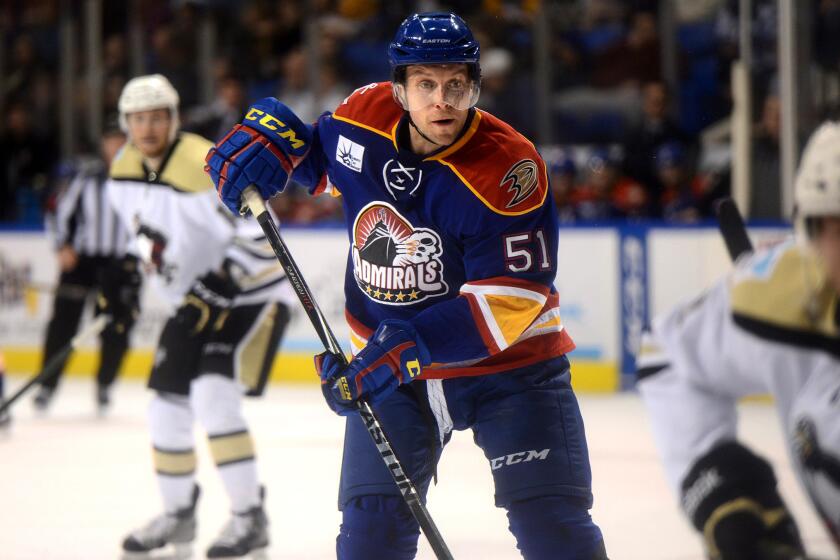 Norfolk Admirals' Dany Heatley keeps an eye on the Wilkes-Barre/Scranton Penguin's goal on Jan. 9.