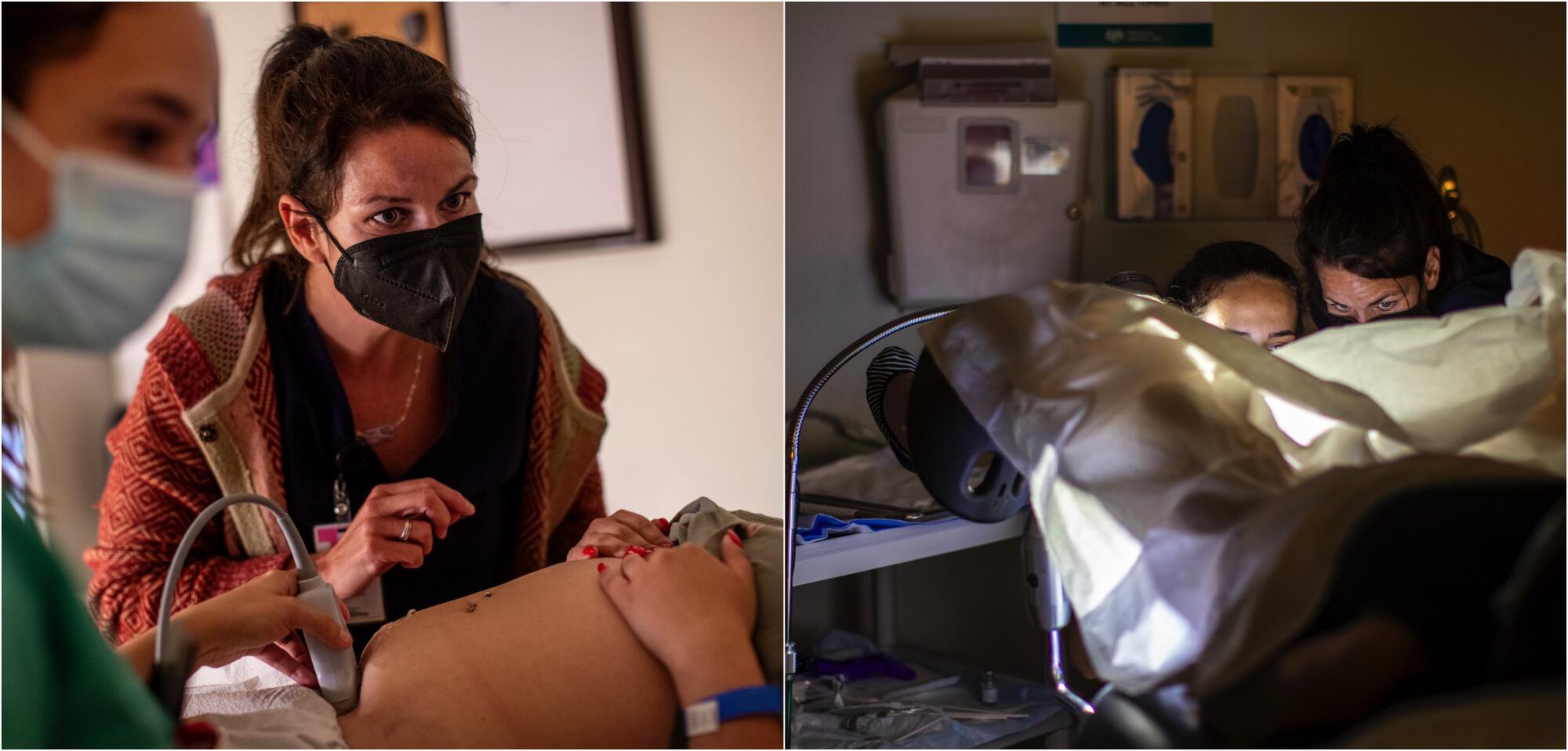 Left, a family physician and her resident do an ultrasound. Right, A family physician and her resident perform an abortion. 