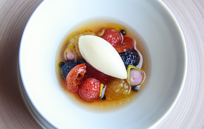 The fruits de la terre, with olive oil crème glacée, is a gentle explosion of flavor at Addison.