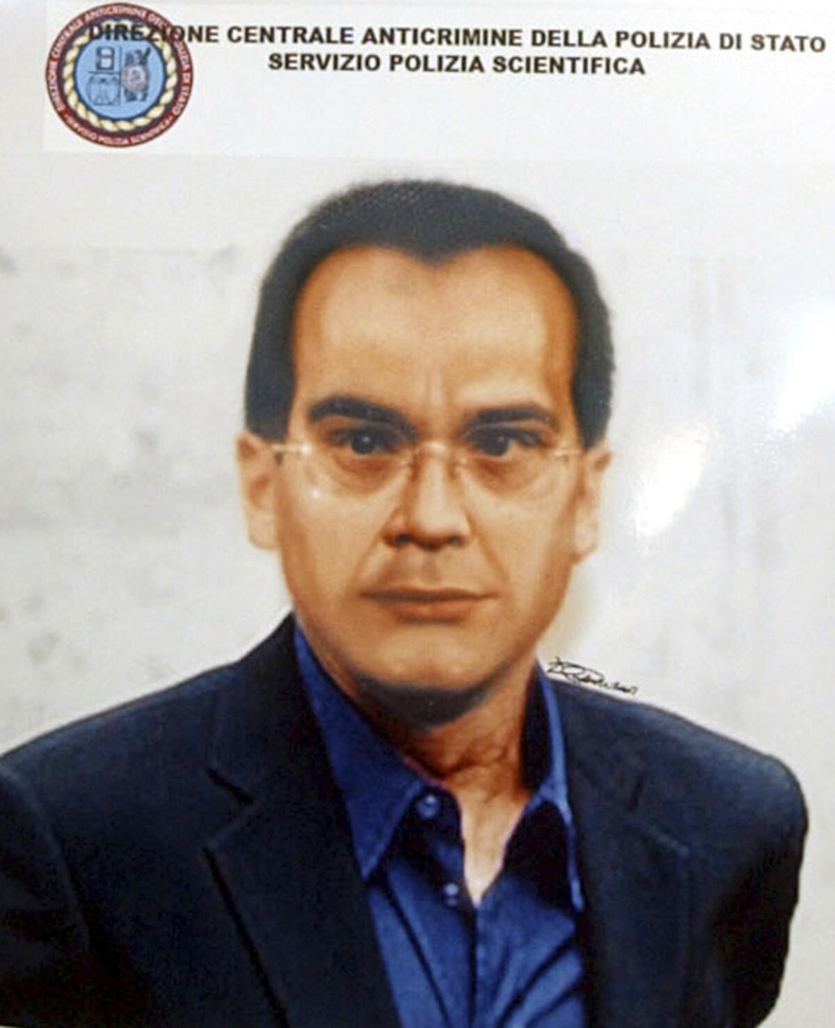 FILE - This photo reproduction of a computer generated image released by Italian Police of Mafia top boss contender Matteo Messina Denaro, is displayed at the Palermo police headquarters, Italy, Thursday, April 6, 2007. Matteo Messina Denaro, a convicted mastermind of some of the Sicilian Mafia’s most heinous slayings, died on Monday, Sept. 25, 2023, in a hospital prison ward, several months after being captured as Italy’s No. 1 fugitive and following decades on the run, Italian state radio said. (AP Photo/Alessandro Fucarini, File)