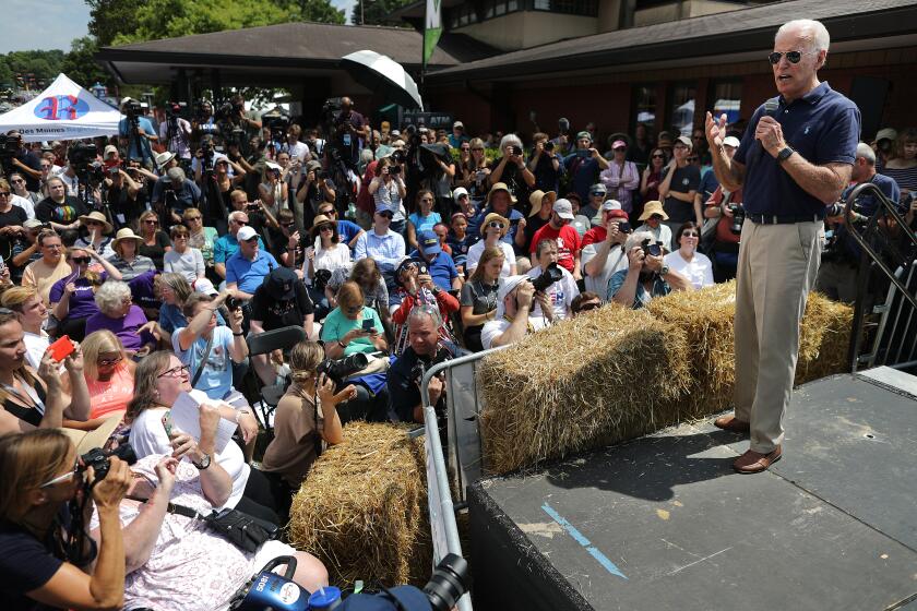 DES MOINES, IOWA - AUGUST 08: Democratic presidential candidate and former Vice President Joe Biden delivers a 20-minute campaign speech at the Des Moines Register Political Soapbox at the Iowa State Fair August 08, 2019 in Des Moines, Iowa. 22 of the 23 politicians seeking the Democratic Party presidential nomination will be visiting the fair this week, six months ahead of the all-important Iowa caucuses. (Photo by Chip Somodevilla/Getty Images) ** OUTS - ELSENT, FPG, CM - OUTS * NM, PH, VA if sourced by CT, LA or MoD **