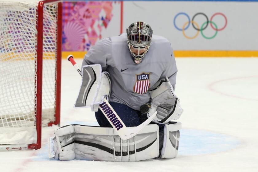 Kings goaltender Jonathan Quick, shown above practicing in Sochi, is vying to be the starting goalie on the U.S. Olympic team.